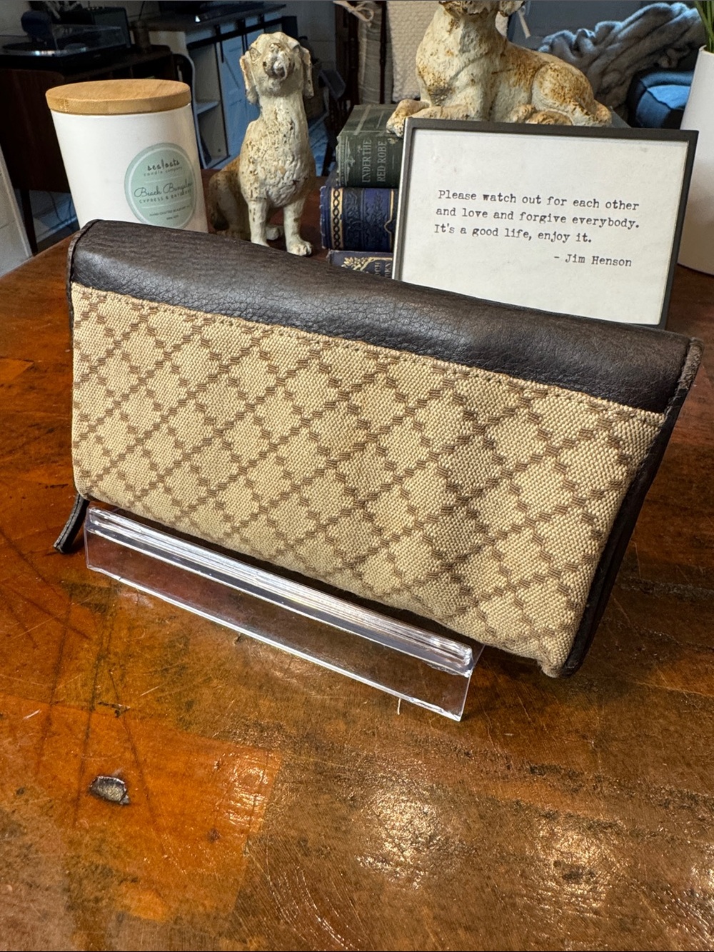 Gucci Brown Leather & Beige Monogram Continental Clutch with Gold GG - Picture 2 of 11